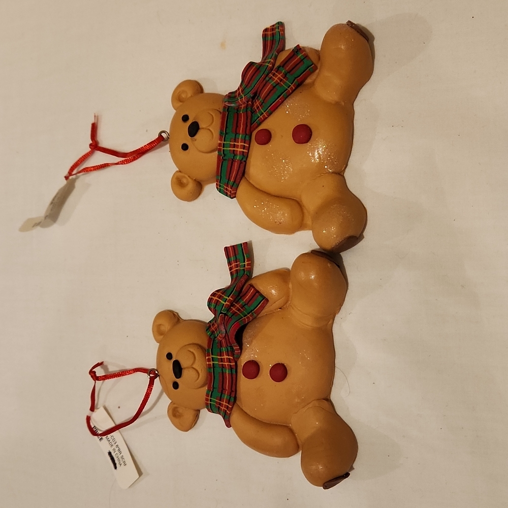 Bundle 2 holiday bear ornaments with red buttons, plaid scarf